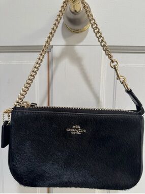 Coach Black Calfskin Wristlet with Gold Chain Strap